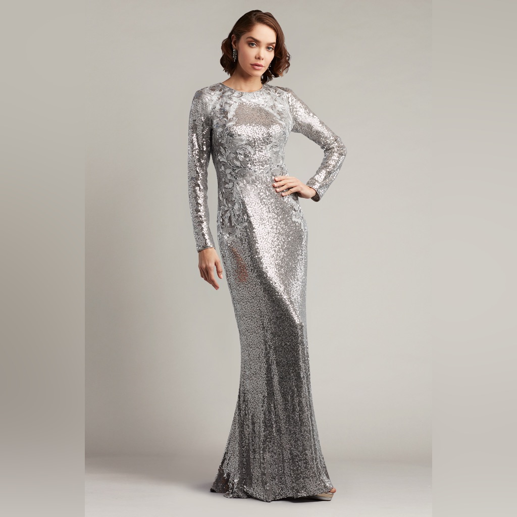 Tadashi Shoji Brunei Sequin Gown Long Sleeve Silver Size S Formal New Years Nwt
